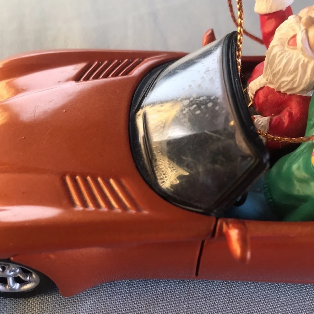 Vintage Maisto Dodge Orange convertible car Santa Claus & Elf Christmas ornament